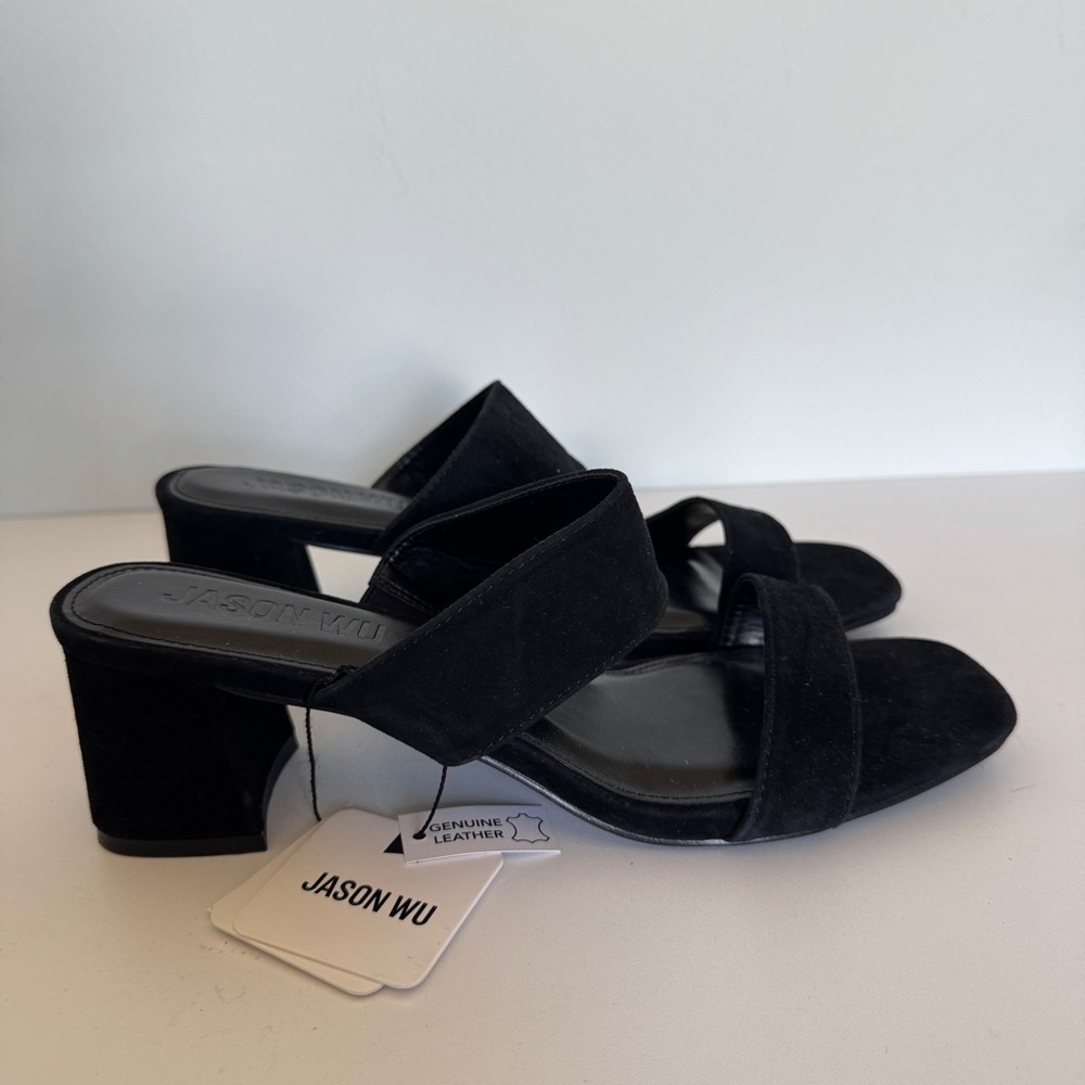 Jason Wu Black Suede Double-Band Block Heel Mules
